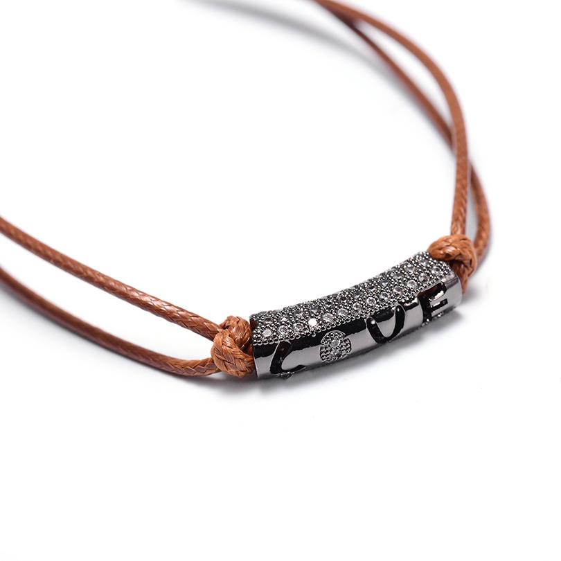 Leather Rope LOVE Couple Bracelet Delicate Densely Paved CZ Rhinestone