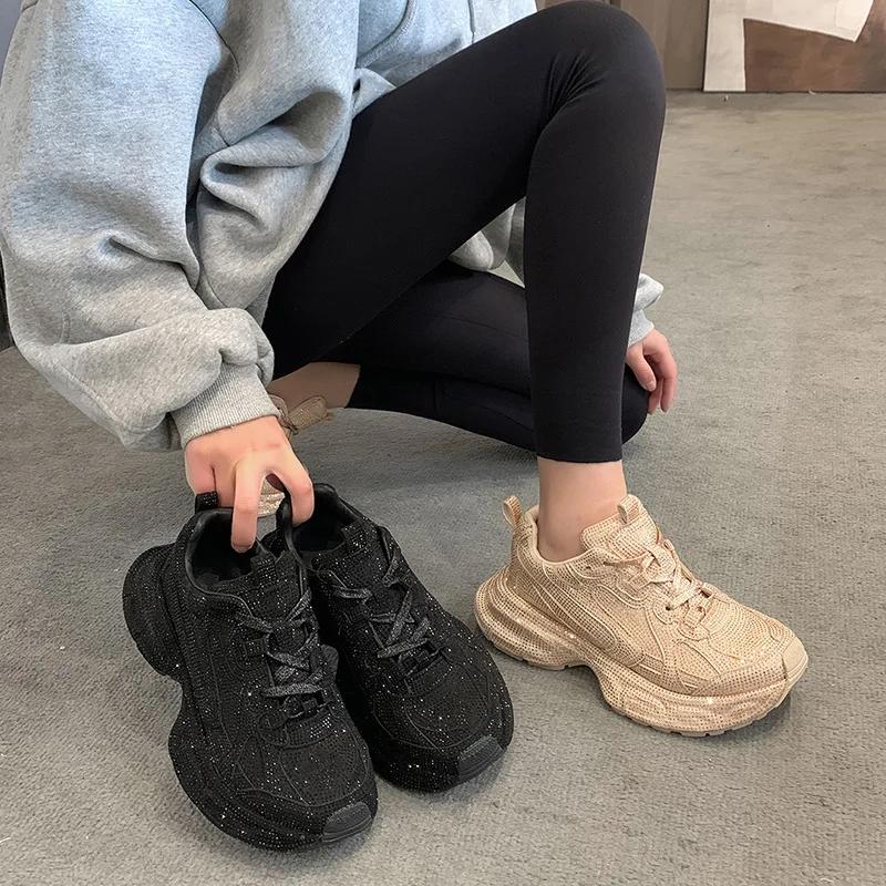 Moda Primavara Toamna Moda Pantofi ocazional cu diamant complet Pantofi cu platforma de cristal Pantofi de dama Incaltaminte pentru femei Pantofi de tenis cu platforma