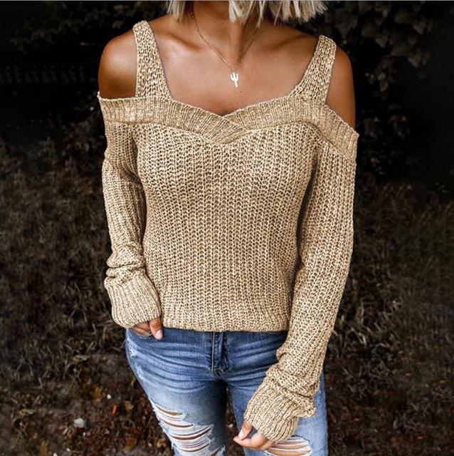 Autumn New Sexy Strap Off-Shoulder Sweater Solid Color Casual Long-Sleeved Sweater Woman Clothing