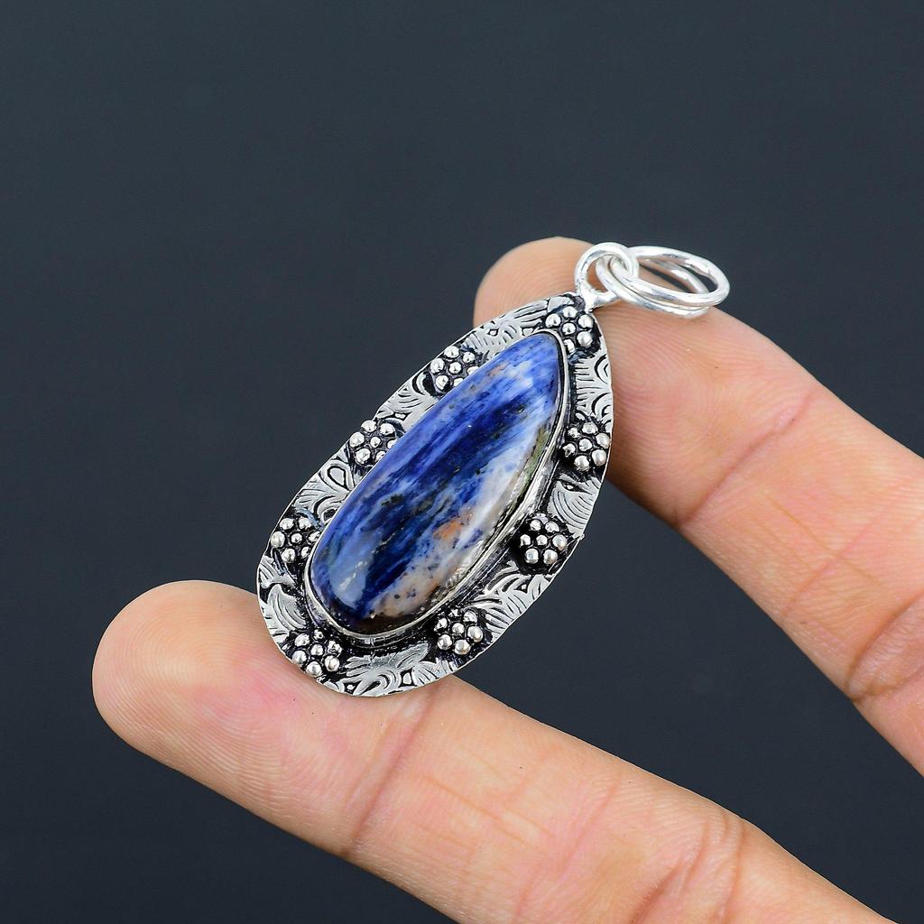 Sodalite Gemstone Sterling Silver Boho Bezel Artisan Birthday Elegant Pendant