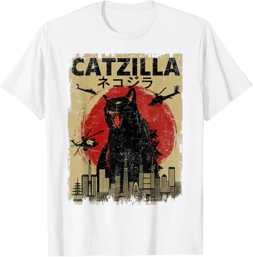 Funny Cartoon Comic Style Japanese Art Catzilla Cat Gifts for Women TShirt Unisex Cotton Oneck Tee Top Fashion Fitness T Shirt