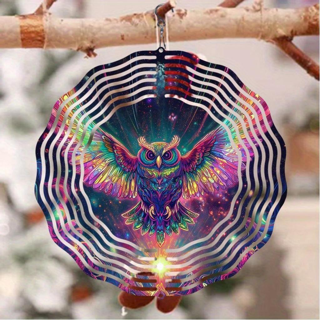 Solar-Powered 2D Metal Owl Wind Spinner - Colorful Garden Decor with 360° Rotating Hook