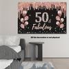 50th Birthday Party Banner - Pink Glitter Design, "50 & Fabulous" Text, Balloons and Star Design, Polyester