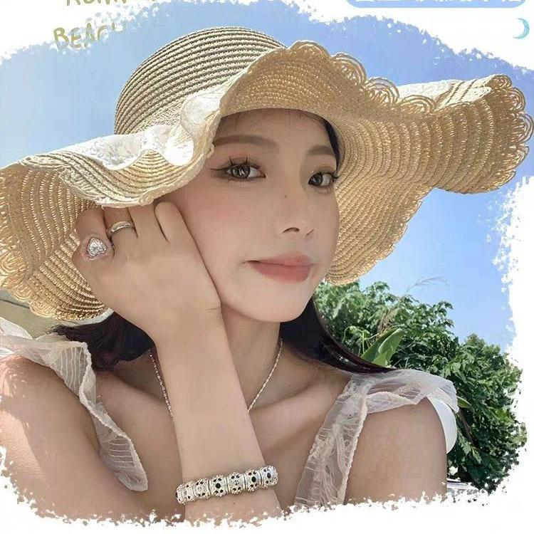 Summer Beach Outdoor Straw Hat Lace Bow Sunshade and Sun Protection Hat, UV Resistant Sun Hat for Children