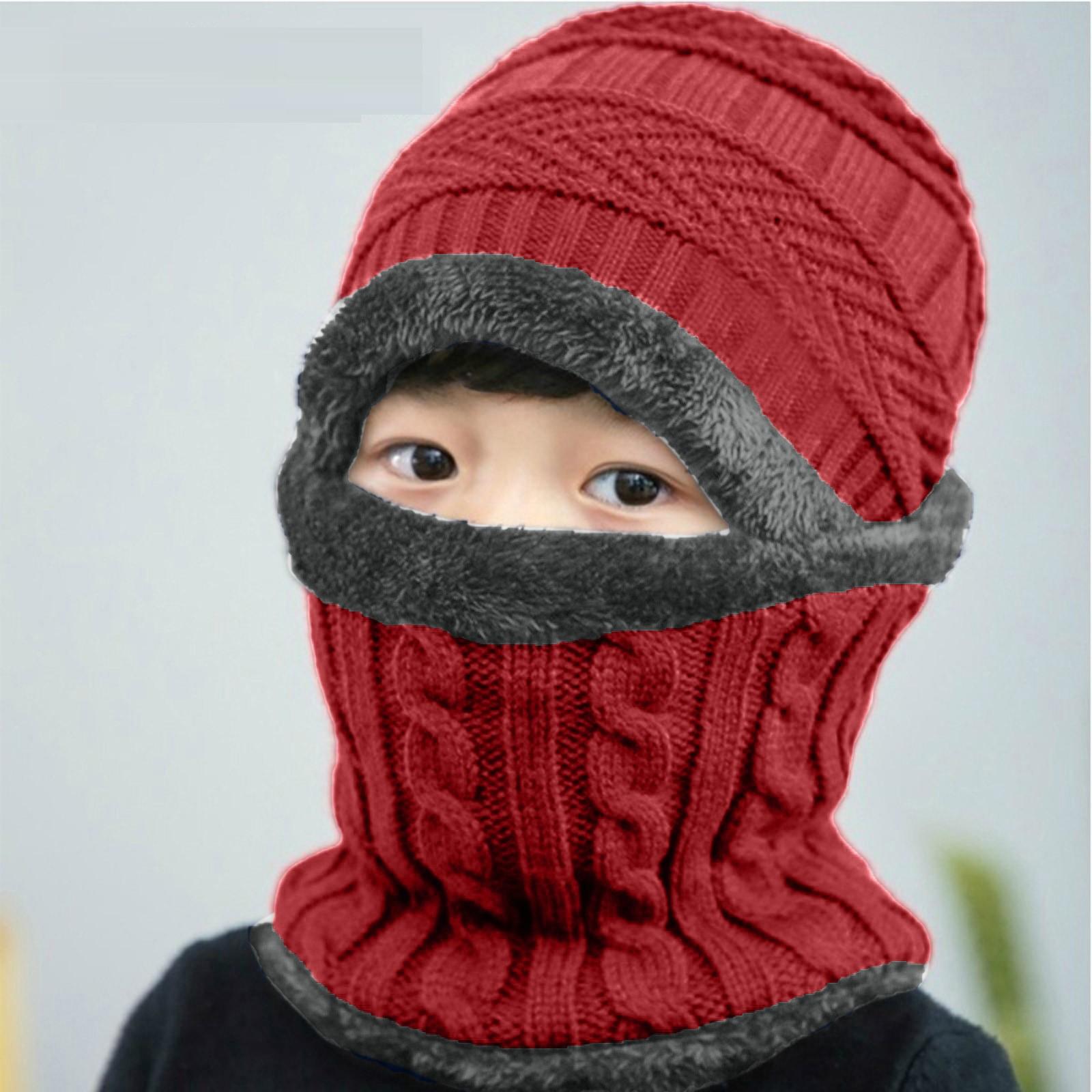 

Knitted Hat Children Plus Velvet Warm Bib Thick Woolen Hat Cold Hat One Size красный