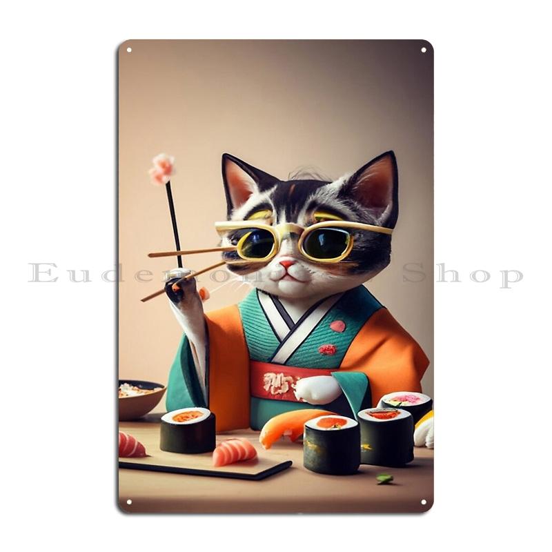 Sushi Chef Cat Funny Restaurant Kitty Japanese Food Cute Kawaii Black Cat Eating Sushi Metal Printing Wall Bar Tin Sign Poster