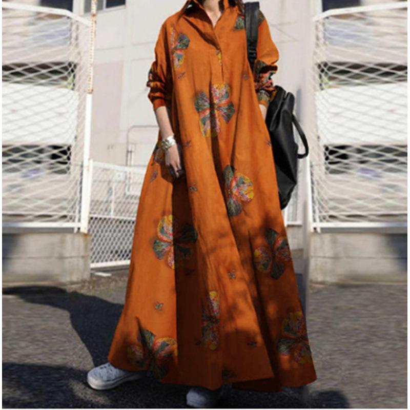 Bedrucktes Retro Ethno Stil Lockeres Langarmkleid mit Weitem Rock