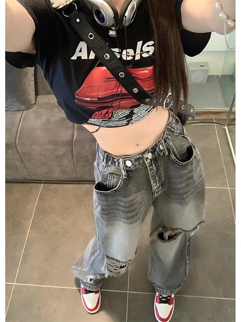 Smoke Grey High-Waisted Wide-Leg Ripped Denim Pants for Women – Loose, Slimming, Retro High Street Long Pants