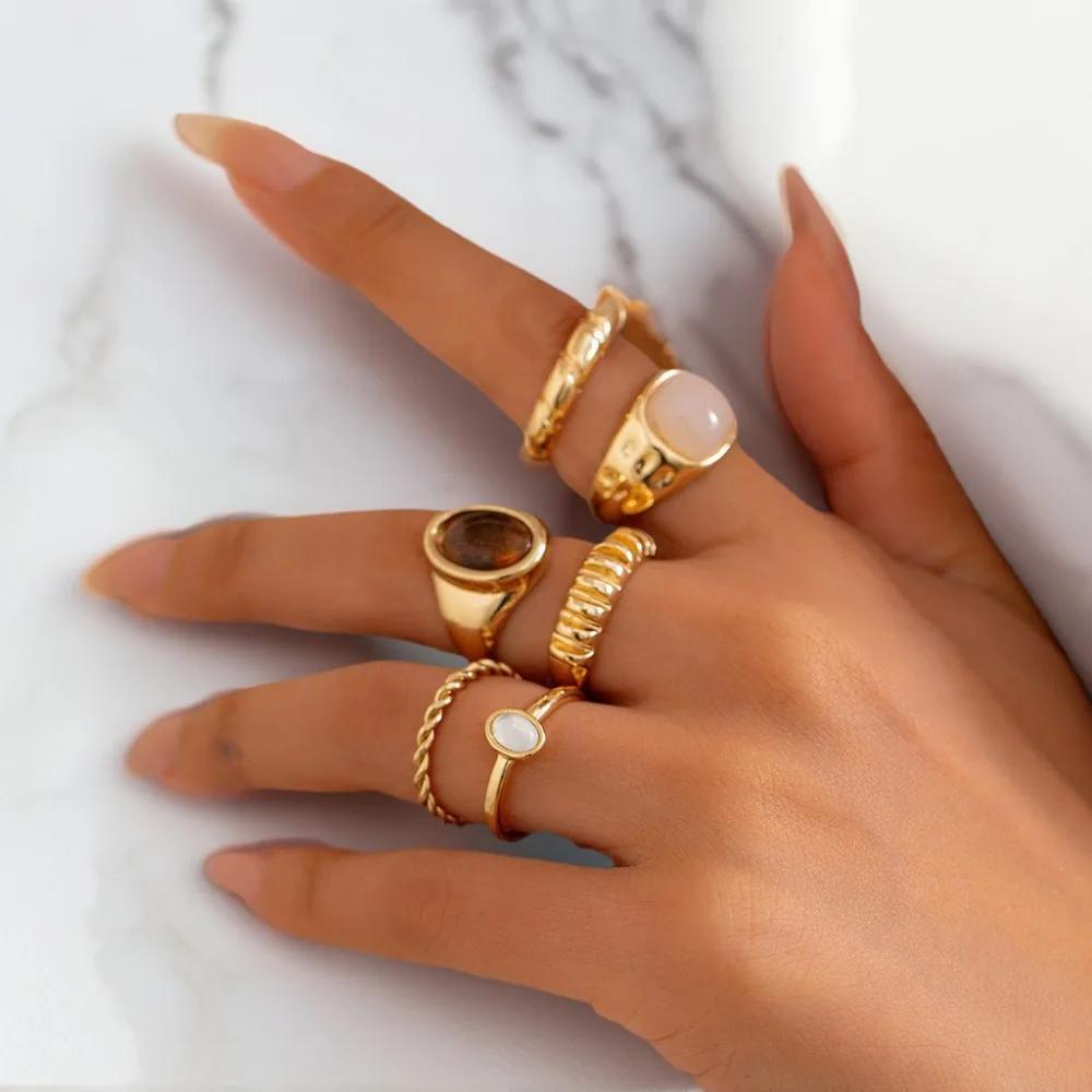 6PC Geometric Cuff Rings Set for Women Metal Adjustable On The Finger Ring Ladies Fashion Jewelry