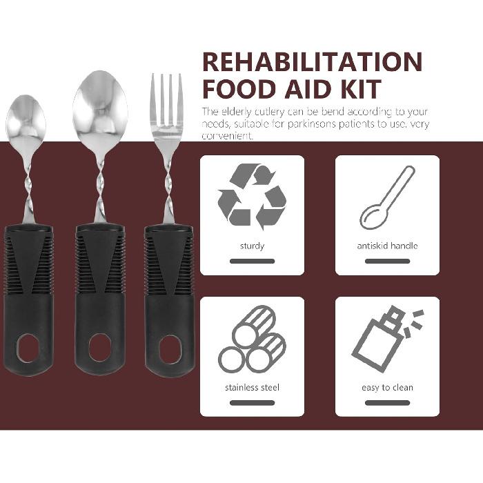 Adaptive Utensils 3pcs Curved Spoon Fork with Non- Handles Stainless Steel Eating Silverware for Hand Tremors Elderly