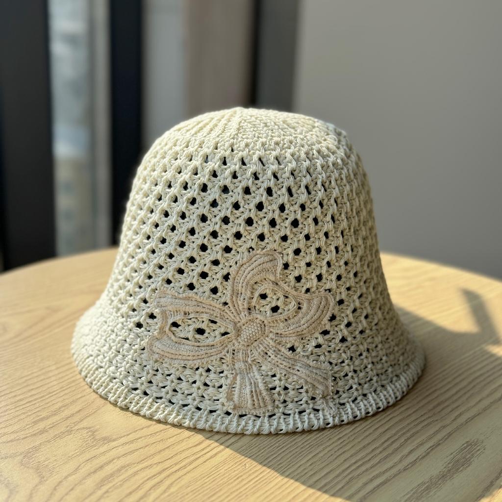 Summer Embroidered Bow Hollow Bucket Hat Outdoor Beach Sweet Sunscreen Sunshade Foldable Straw Hat