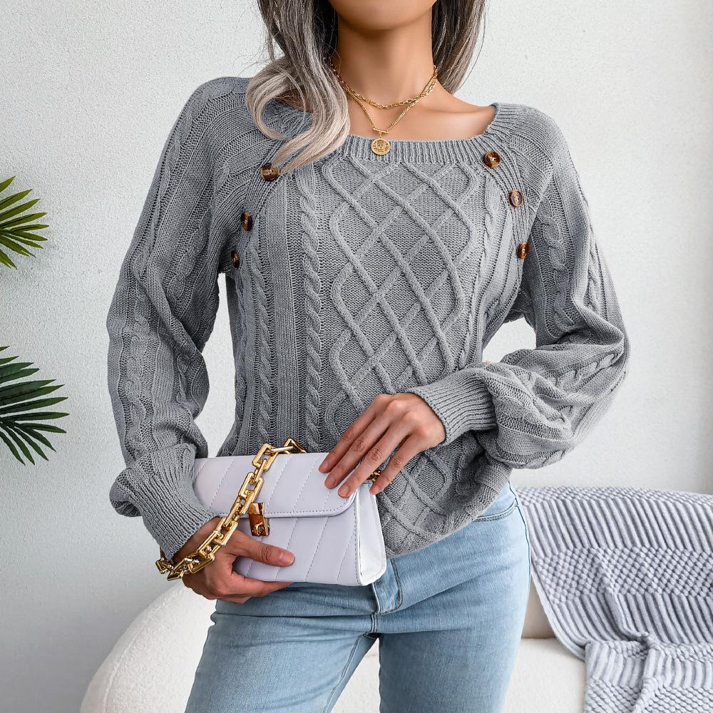 Lässiger Damen-Pullover mit quadratischem Kragen und Spike-Knopf-Twist-Strickpullover