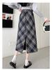 Plus Size Korean-Style Plaid Wool Skirt with Belt for Women