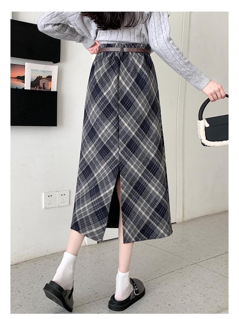 Plus Size Korean-Style Plaid Wool Skirt with Belt for Women