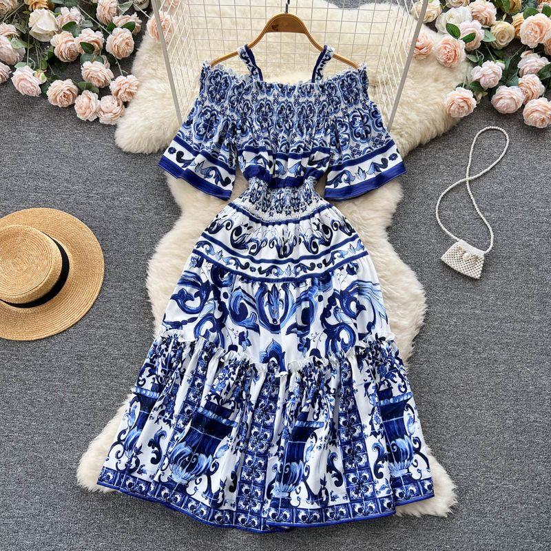 

Off-the-Shoulder Summer New Holiday Dress Sling Blue L