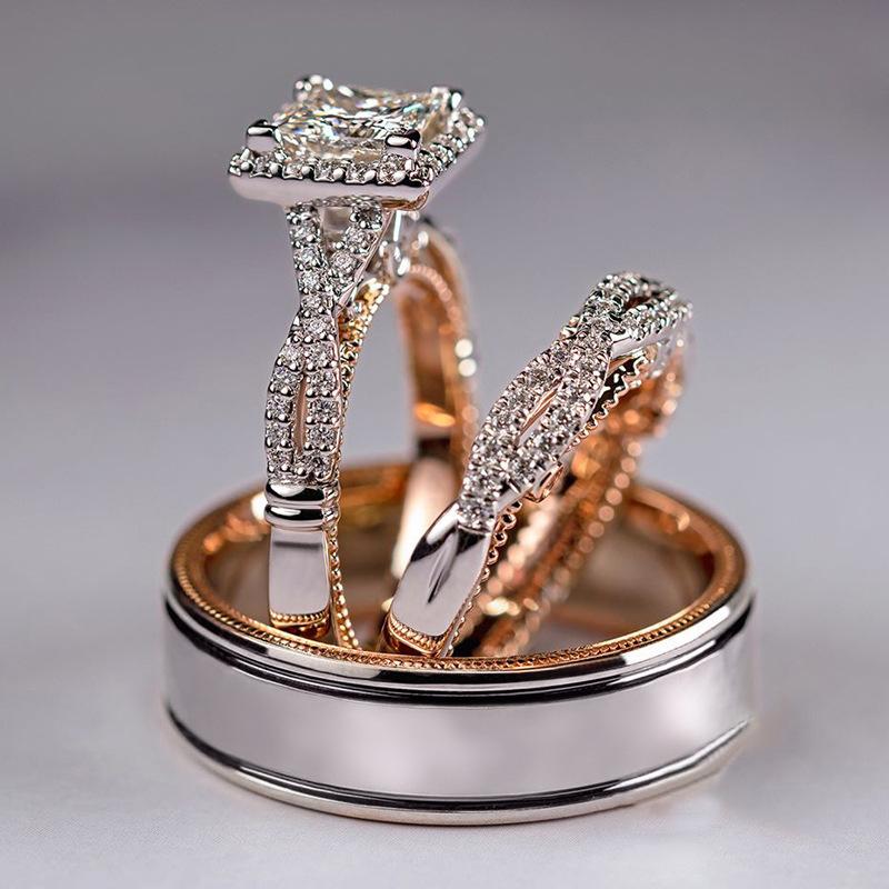 Ring Set with Geometric Inlay, Full of Zirconia Stones, Designed As a Pair of Rings, Versatile and Elegant Plain Band Ring