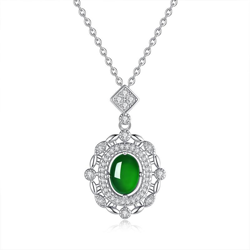 S925 sterling silver natural dangerous material jadeite necklace retro fashion light luxury egg surface hollow collarbone chain advanced design sense