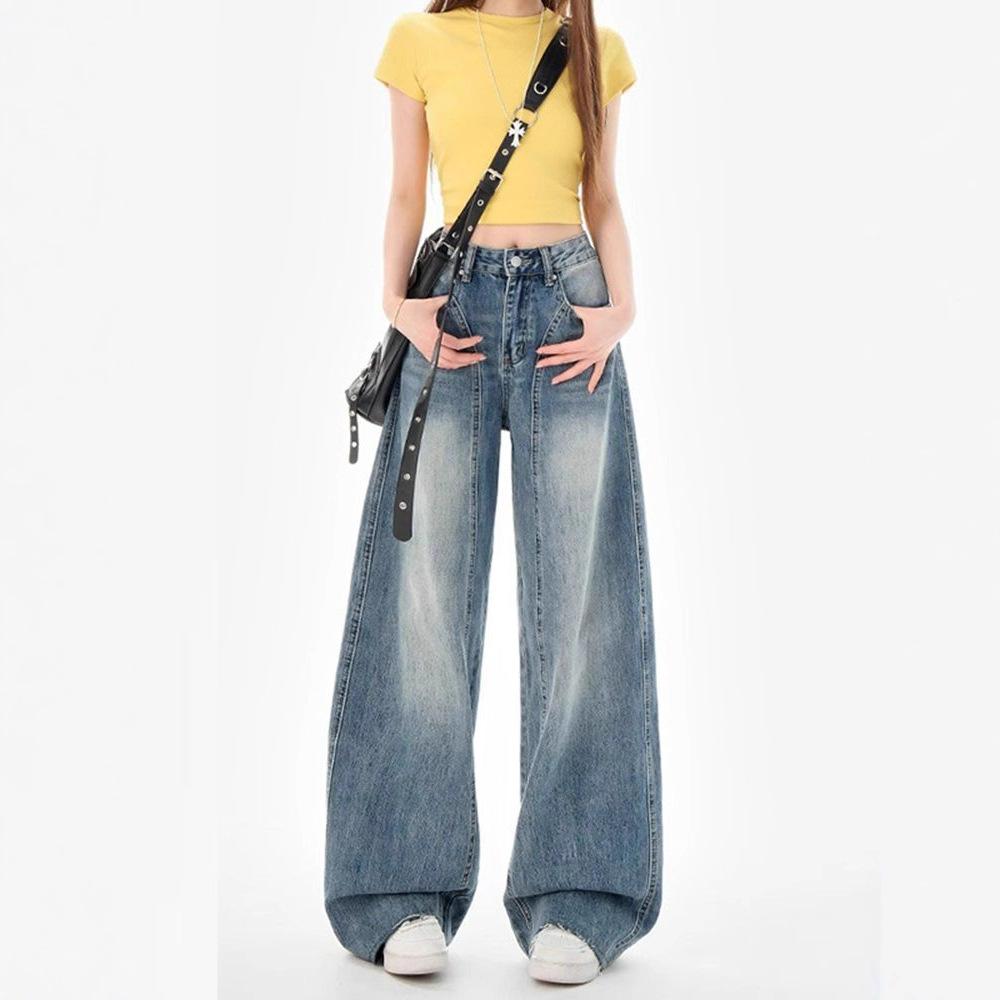 Fashionable Comfortable High Waist Straight Jeans Women's Autumn Vintage Blue Loose Wide Leg Skinny Trailing Trousers Jeans for Women Long Denim Pants