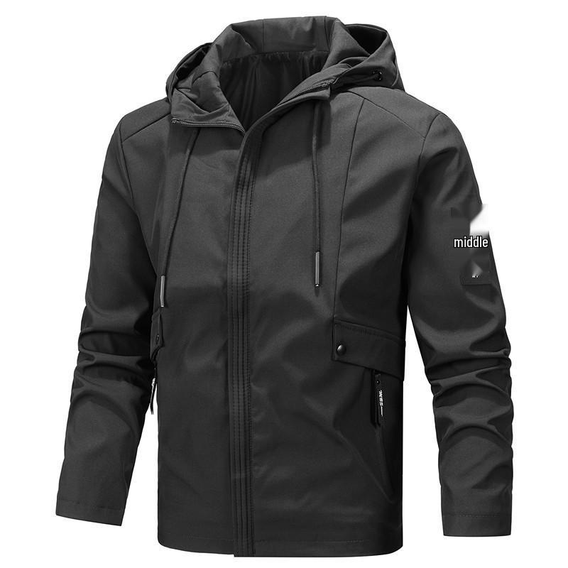 

Мужская городская повседневная куртка с капюшоном 2025 - Однотонная, Модная с длинным рукавом XL чёрный