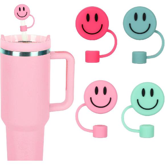 Whaline 4Pcs Smile Face Straw Cover Cap Pink Purple Mint Green Silicone Drinking Straw Topper 10mm 30&40 Oz Reble Straws Covers Double Sided Tumbler