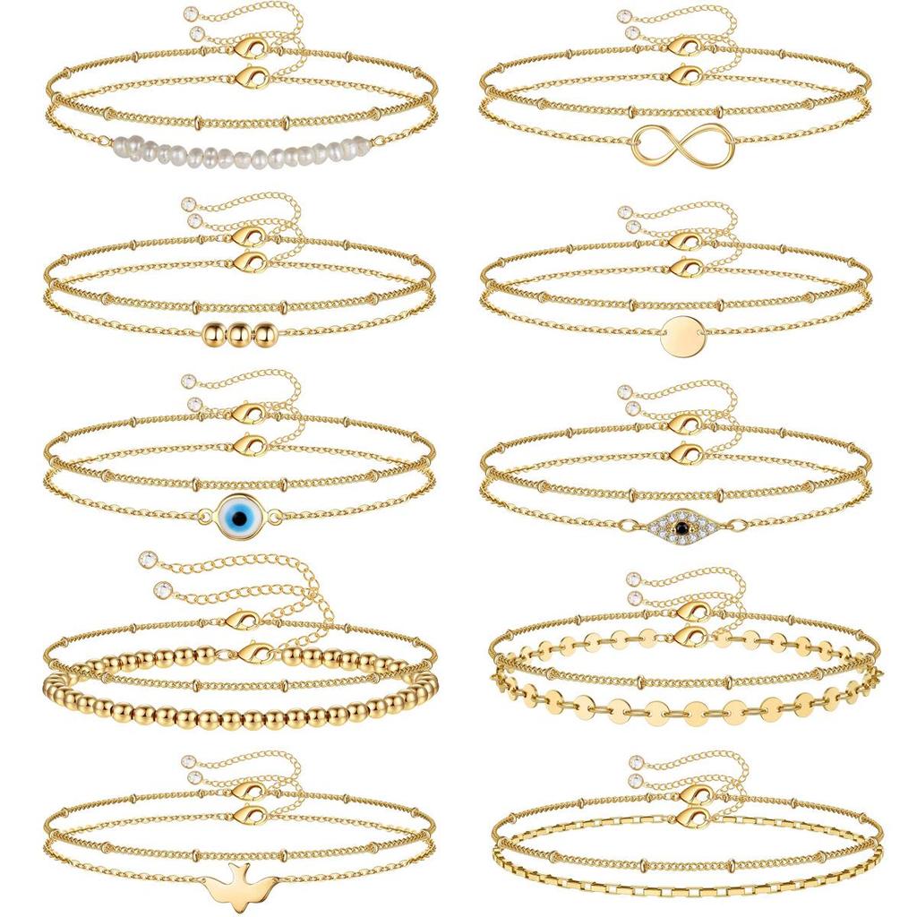 Stainless Steel Bead Chain Bracelet Set with 18K Gold Double Layer, Featuring Double Hole Round Disc Charms.