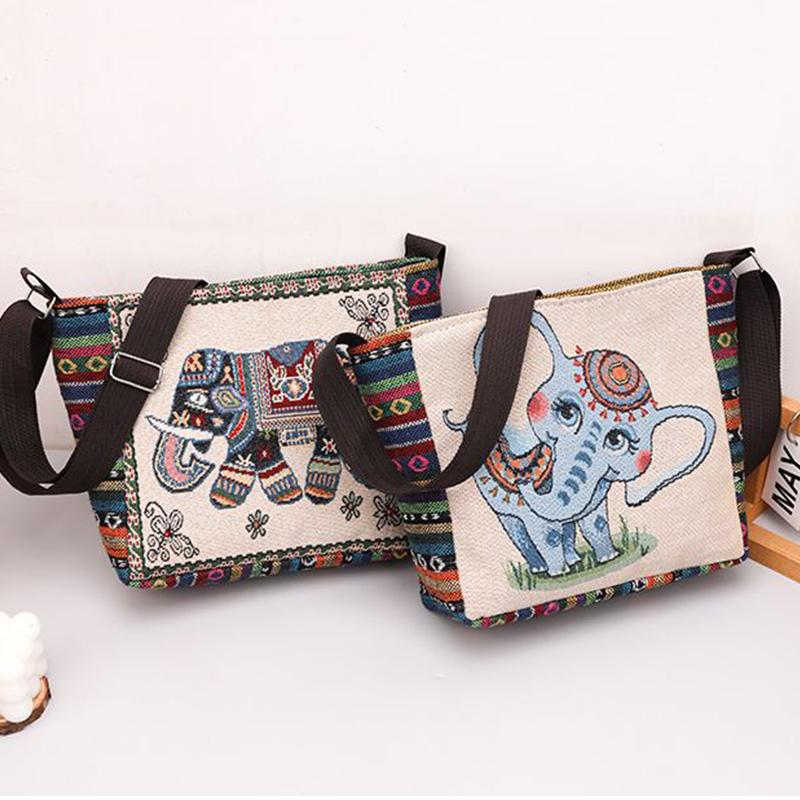 Yogodlns Håndveske i etnisk stil Broderi Elefant Lerret Dame Skuldervesker Dagligvareoppbevaringsveske Stor kapasitet Crossbody-veske