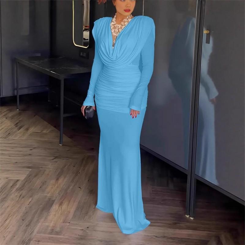 Womens Winter Solid V-Neck Long Sleeve Fitted Midi Dress With Waist Cinching Pleated Mermaid Hem