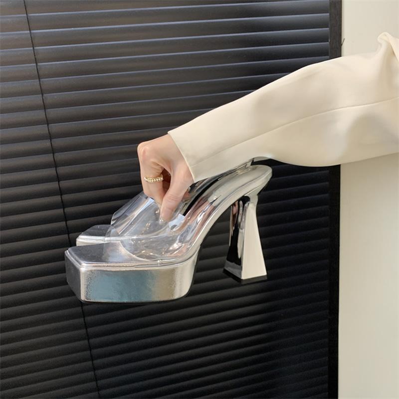 

2025 Summer PVC Transparent Women Slippers Fashion Ladies Open Toe Platform Shoes Stripper Party Female High Heel Slides 34 чорний