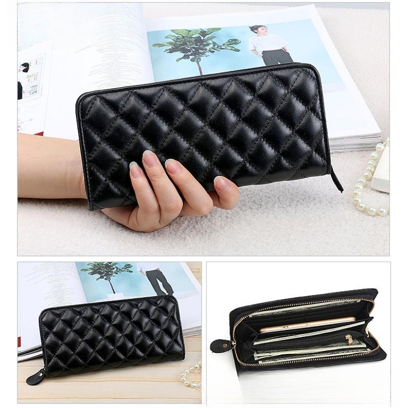 

Кожаный женский кошелек, кошелек с ромбовидной молнией, сумка на молнии, длинный женский кошелек. чёрный