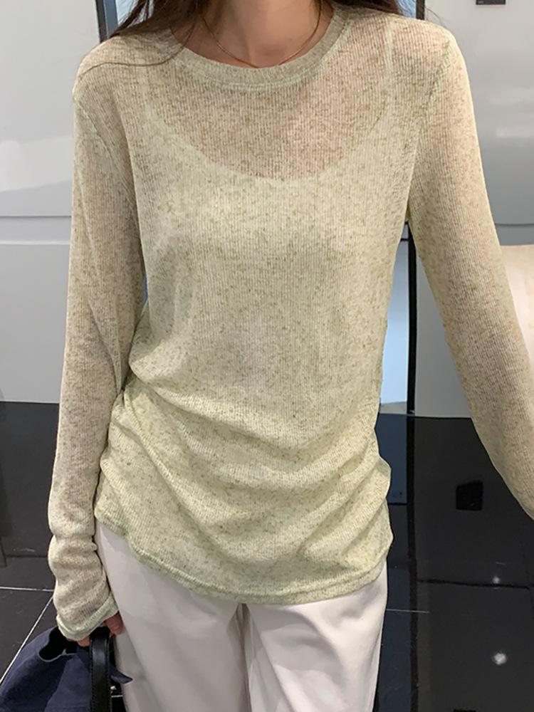 White sunscreen blouse women's lazy casual loose shirt early spring thin slightly transparent long-sleeved knitted top