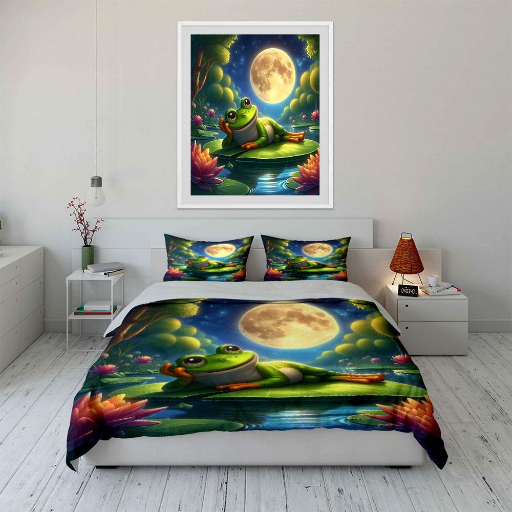 "Frog Relaxing Under Moonlight Scene" kid's and adults' bedroom decor, Exquisite three-piece bedding set gift