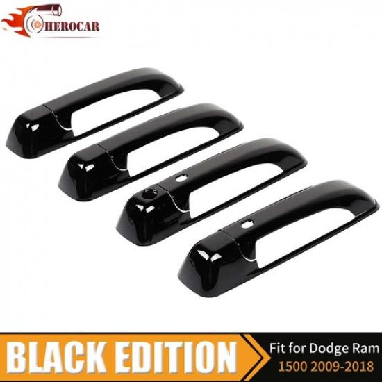 For 2009-17 2018 Dodge Ram 4 Door Handle COVERS GLOSS BLACK W/ KH W/ 2 SMTKH
