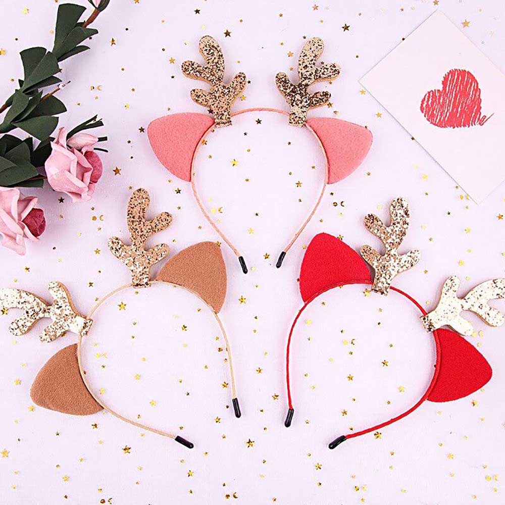Faixa de cabeça de Natal com chifres brilhantes e orelhas de gato de desenho animado para meninas, acessórios para cabeça para crianças, suprimentos para decoração de festa de aniversário e natal
