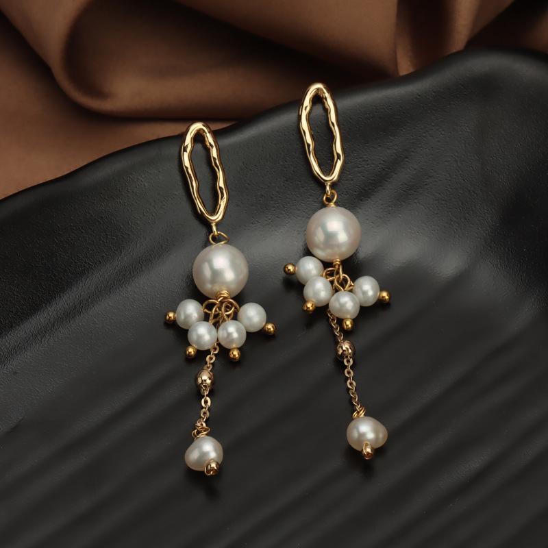 Natural Freshwater Pearl Pendant Tassel Earrings for Women, S911 Silver Fungus Needle Flower Cluster Light Luxury Niche Design Earrings