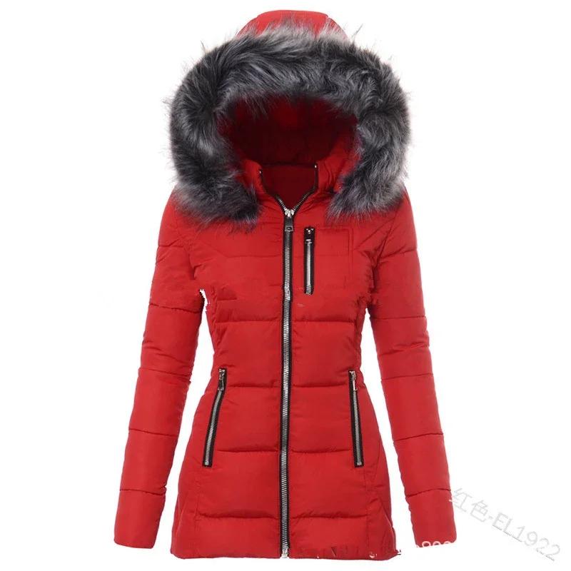 Women Winter Warm Wool Collar Cotton Coat Womens Zipper Long Sleeve Slim Fit Hooded Cotton Coat