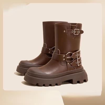 Herbststiefel für Damen, braun, Retro-Western-Cowboy-Schuhe mit dicken Sohlen, weiches Leder