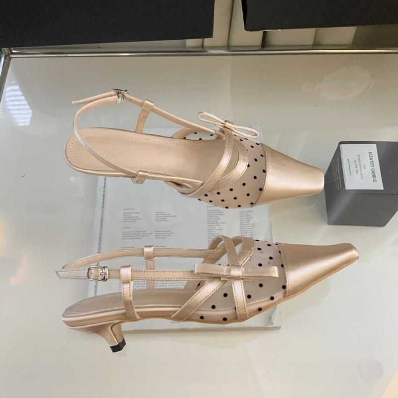 

2025 New Versatile Thick Heel Baotou Sandals Women s Xia Bo Dot Mesh Bow Pointed Back Empty Single Shoes Middle Heel 40