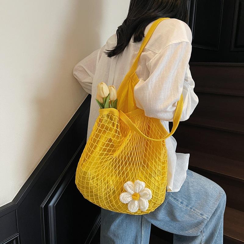 Casual mesh bag retro hollow woven shoulder tote bag large capacity lazy wind beach bag women