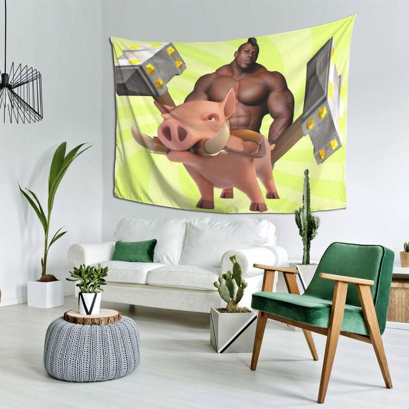 Funny Magical Fierce Male Wild Boar Double Hammer Cartoon Tapestry Wall Hanging Home Decor for Bedroom Living Room