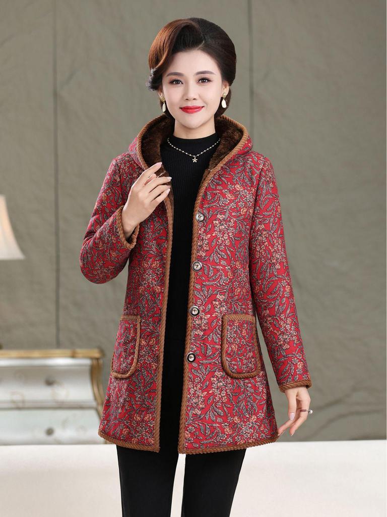 Women's Mid-Length Winter Coat with Thick Velvet Lining for Middle-Aged and Elderly