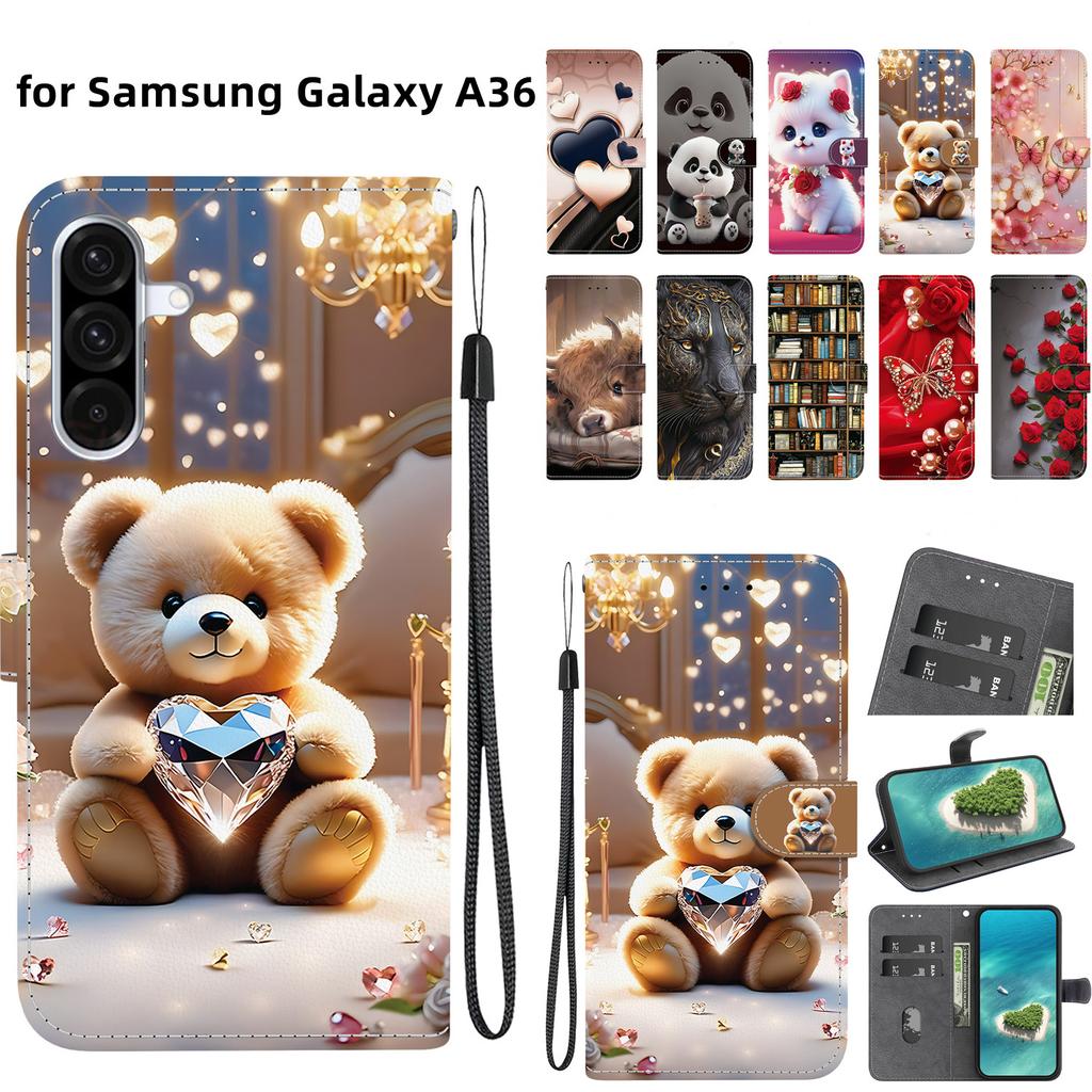 Handmade PU Leather Flip Case for Samsung Galaxy A36 (SM-A366E)- Anti-Slip Shockproof Cover with Wrist Strap & Heart/Rose Cat Designs