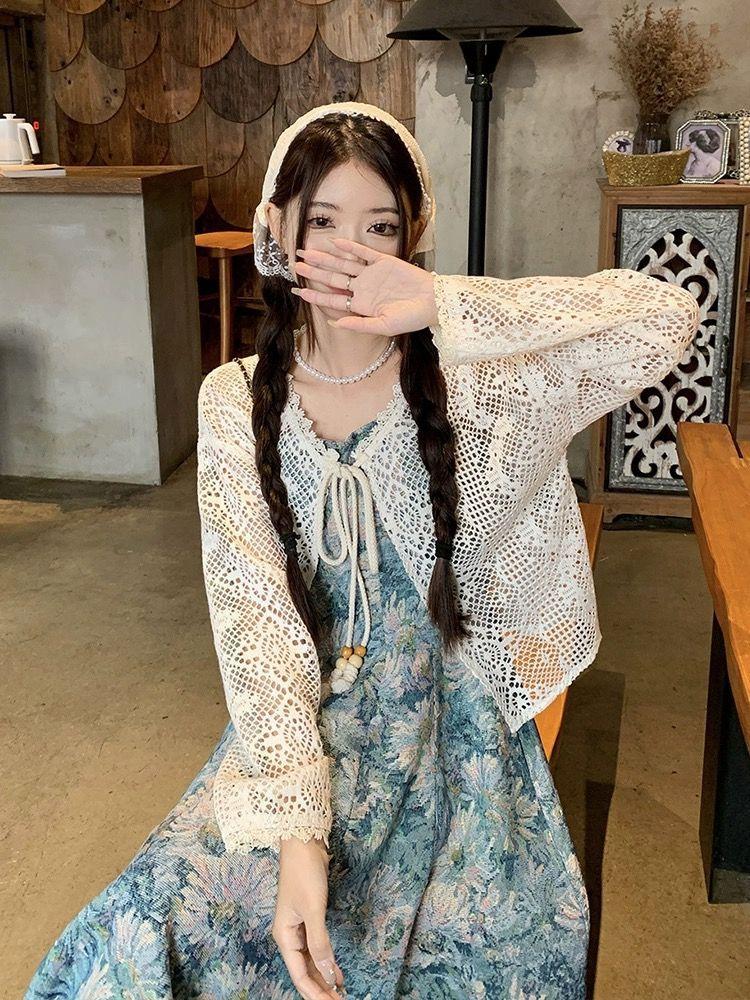 French Retro Summer Floral Suspender Skirt Oil Painting Suspender Dress New Set Hollow Cardigan