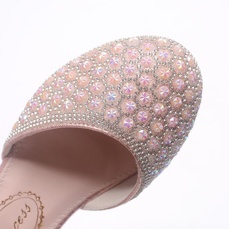 Children's High-heeled Shoes, Princess Dress Shoes for Girls, Crystal Shoes for Little Girls, Single Shoes with Pearls and Sparkling Diamonds for