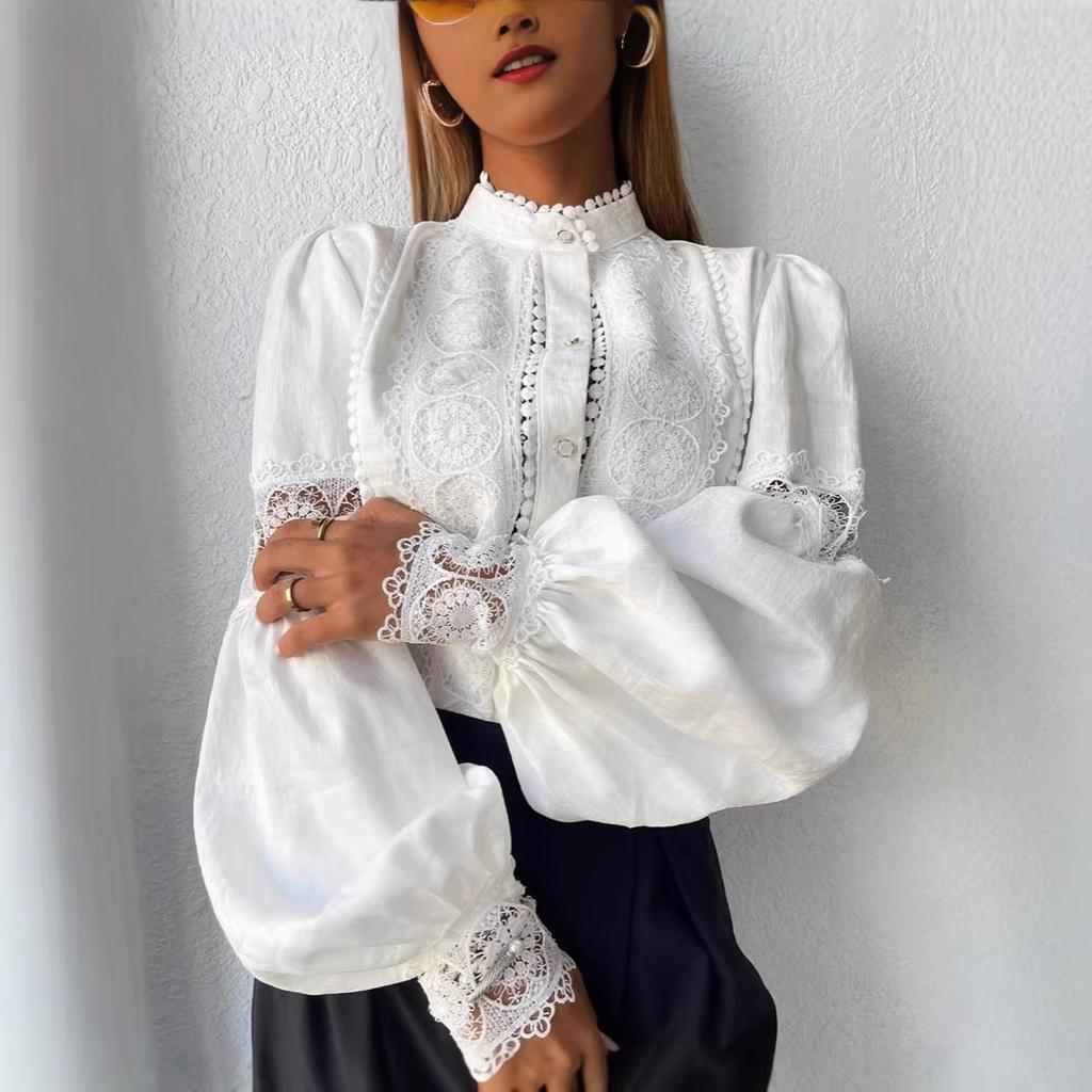 Women's Scalloped Stand Collar Long Lantern Sleeve Lace Spliced Blouse Vintage Hollow Button Down Shirt