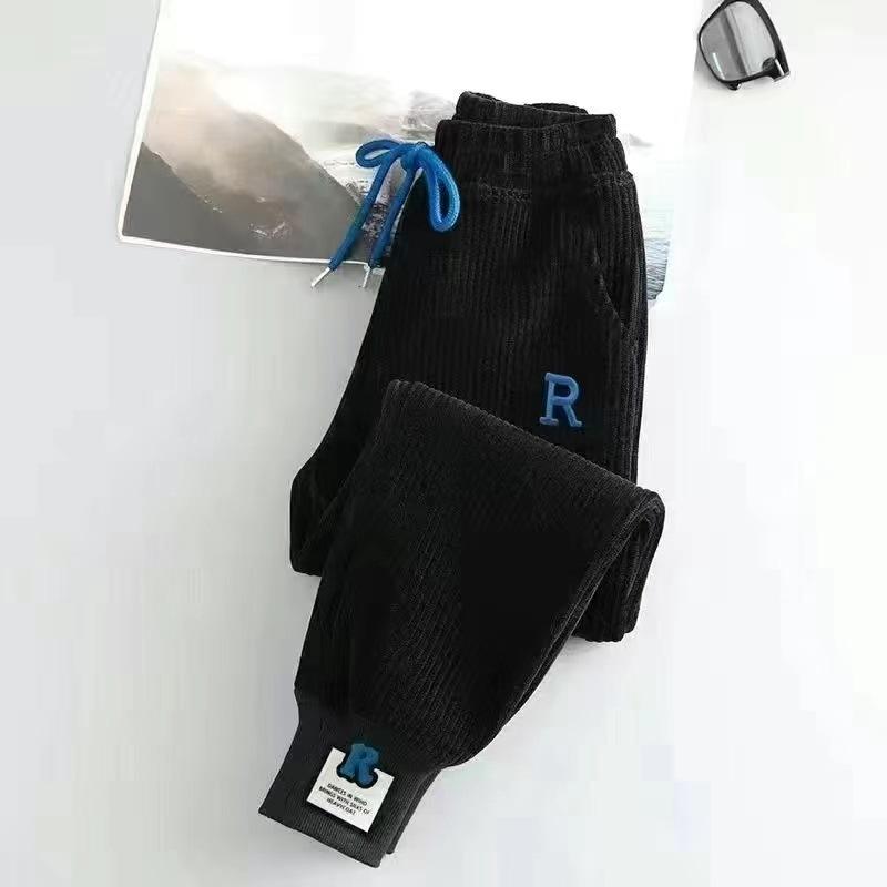 Spring and Autumn Corduroy Leggings Embroidered Label Decoration Drawstring Threaded Letter Printing Ankle Trousers Women