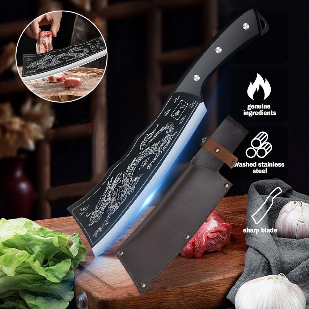 Dragon Cleaver Knife Heavy-Duty Bone Chopper with Leather Sheath,Ultra-Sharp Stainless Steel Chinese Dragon Meat Cleaver