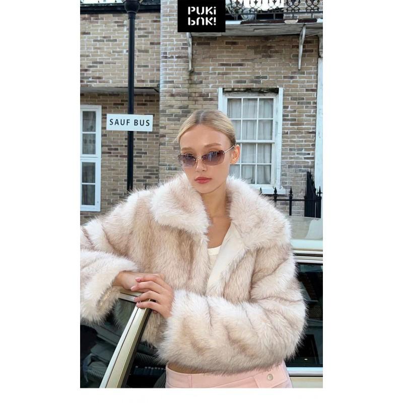 Womens Short Faux Fox Fur Trimmed Coat Winter Warm Thick Plush Outerwear POLO Collar Solid Base With Dyed Tips