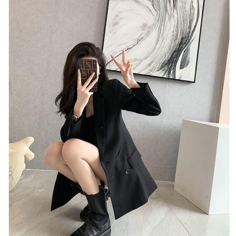 Fashionabla svart kostymjacka för kvinnor Spring Double Breasted Blazer