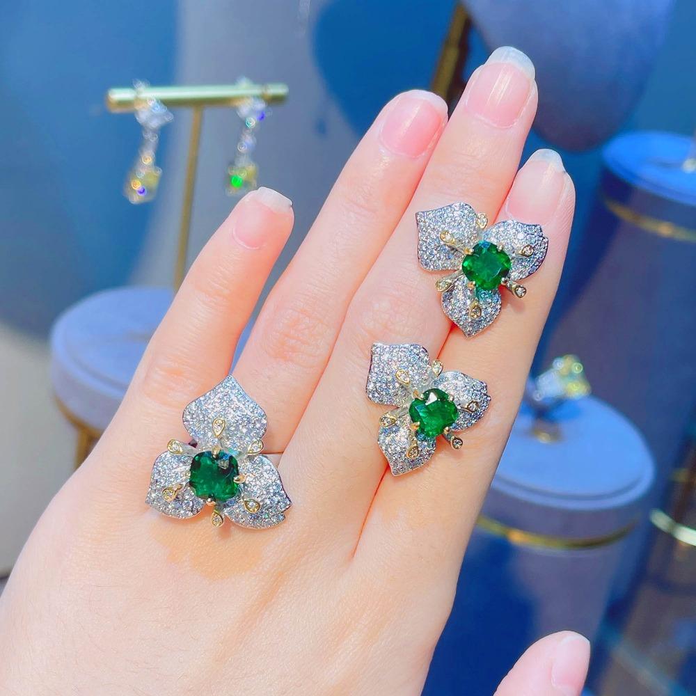 Women Jewelry Set Elegant Simulated Emerald Ruby Floral Earrings Ring Full Diamond 3D Design