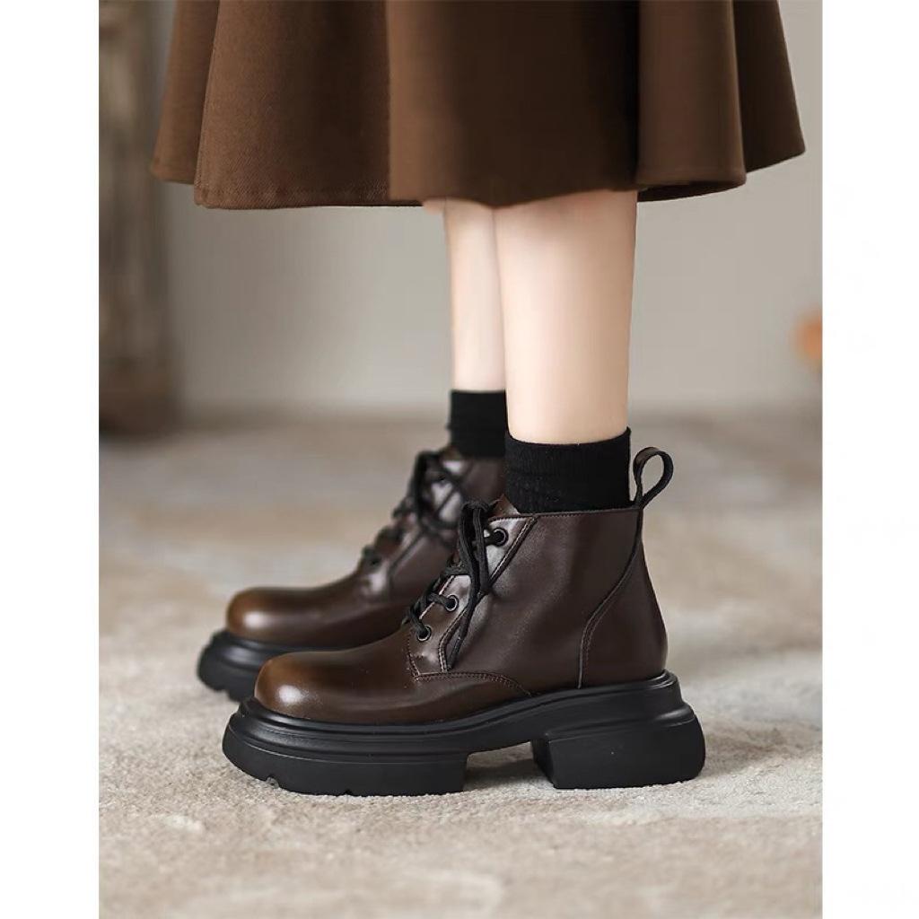Small Brown Martin Boots Women's 2025 Autumn and Winter New Retro British Style Explosion Heightened Thick-soled Thin Short Boots